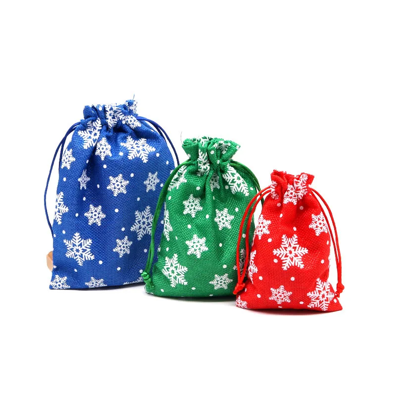50pcs/lot Christmas Snowflake Printed Linen Gift Bag For Holiday Gift Packaging Drawstring Bag