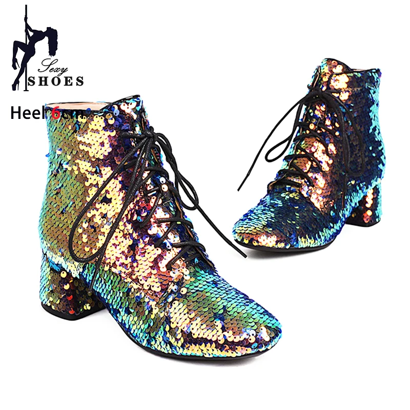 Shiny Ankle Boots Women 6cm Chunk High Heels Side Zipper Lace Winter Party Ladies Shoes Gold Sequined Short Boots Large Size 46