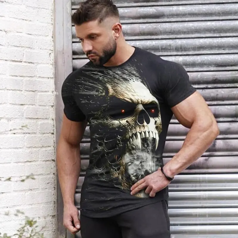 3D Printed T Shirts Horror Skull 3D Printed Retro Casual Short-Sleeved Elastic Breathable Quick-Drying Men Summer Outdoor Wear