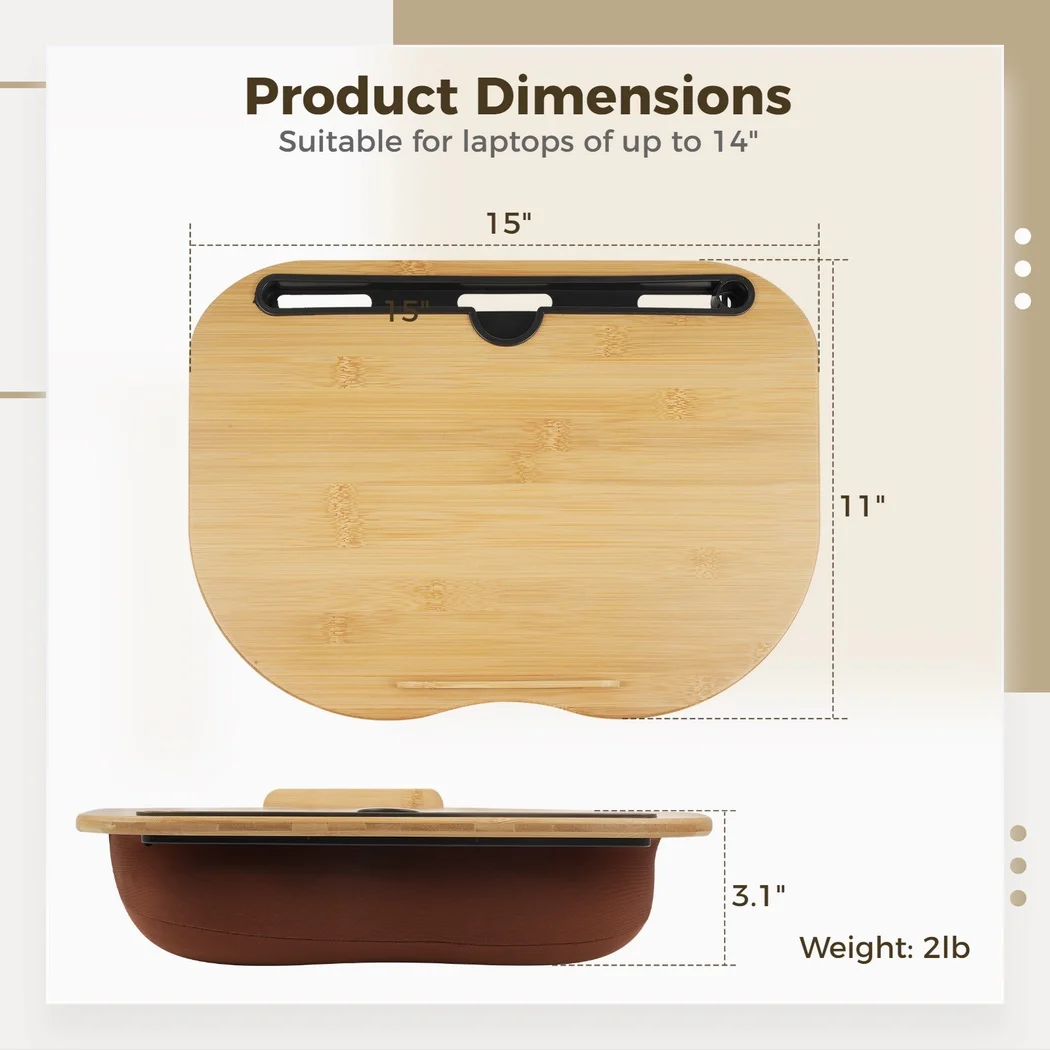 Lap Desk With Pillow Cushion Bamboo Laptop Stand For Tablet Phone Laptop Desk Tray Computer Bed Table Support up to 14" Laptops