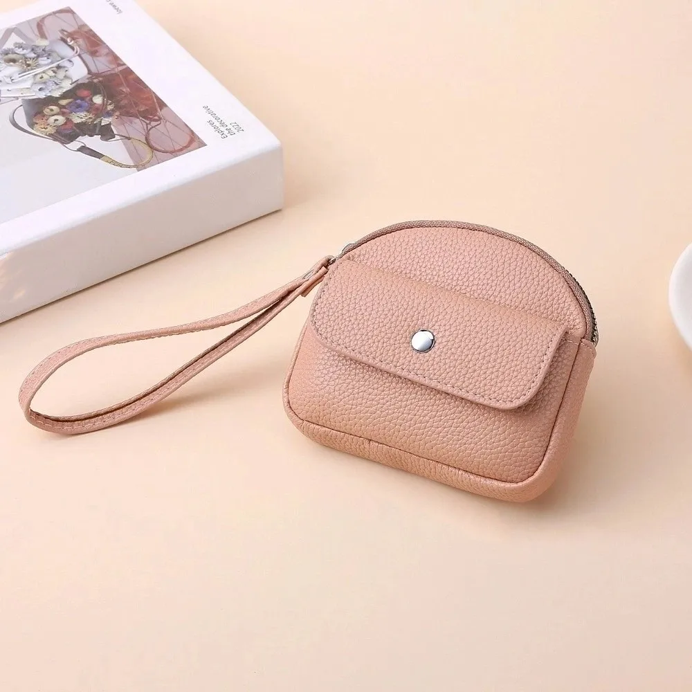 New PU Leather Coin Purse Solid Color Handheld Key Ring Wallet Zipper Closure Wrist Lanyard Credit Card Holder