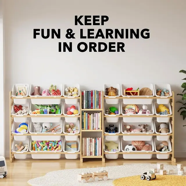 24-Bin 3-Shelf Toy Storage Organizer, Kids Bookcase with Bins, Playroom and Bedroom Decor, White