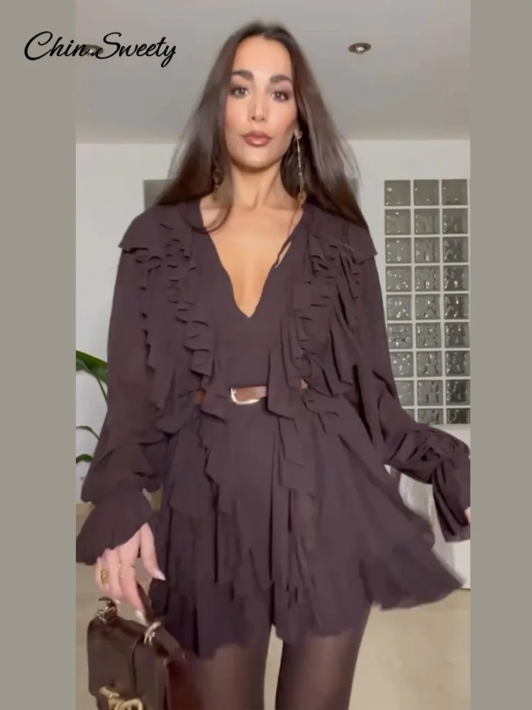 Sexy Ruffles Short Dress V-neck Long Lantern Sleeve Pleated Brown Party Dresses Female 2025 Spring Summer Lady Loose Vestidos 3