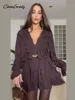 Sexy Ruffles Short Dress V-neck Long Lantern Sleeve Pleated Brown Party Dresses Female 2025 Spring Summer Lady Loose Vestidos 3