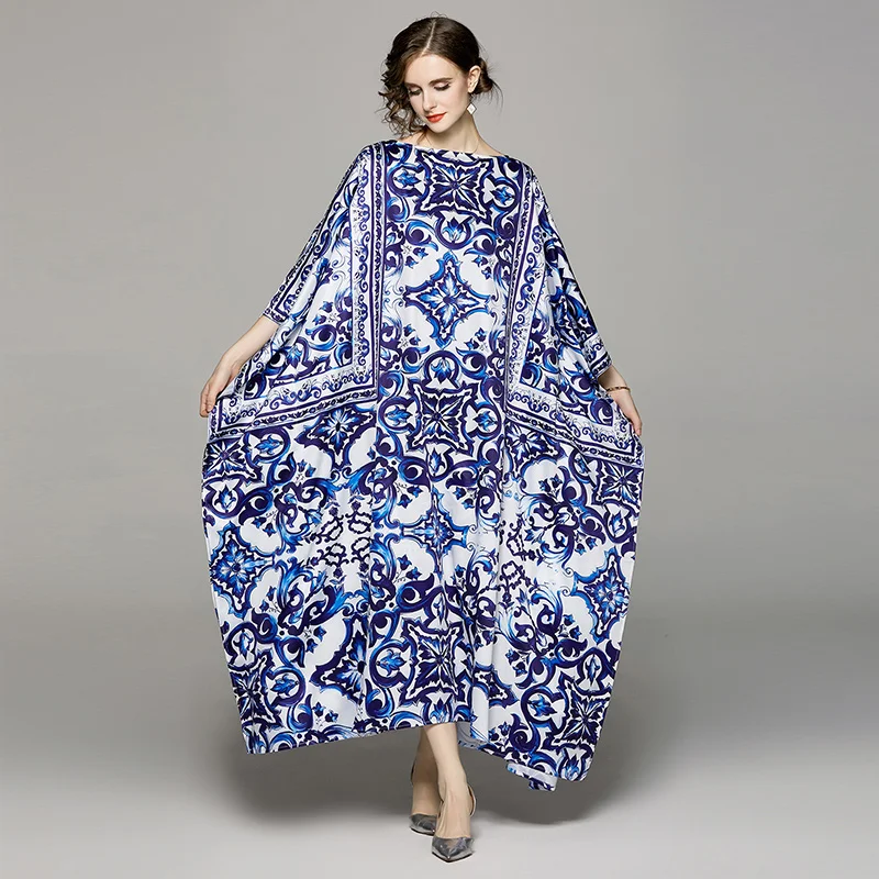 

2024 Summer Fashion Blue And White Porcelain Print Long Loose Robe Women's Batwing Sleeve Retro Slash Neck Side Split Maxi Dress