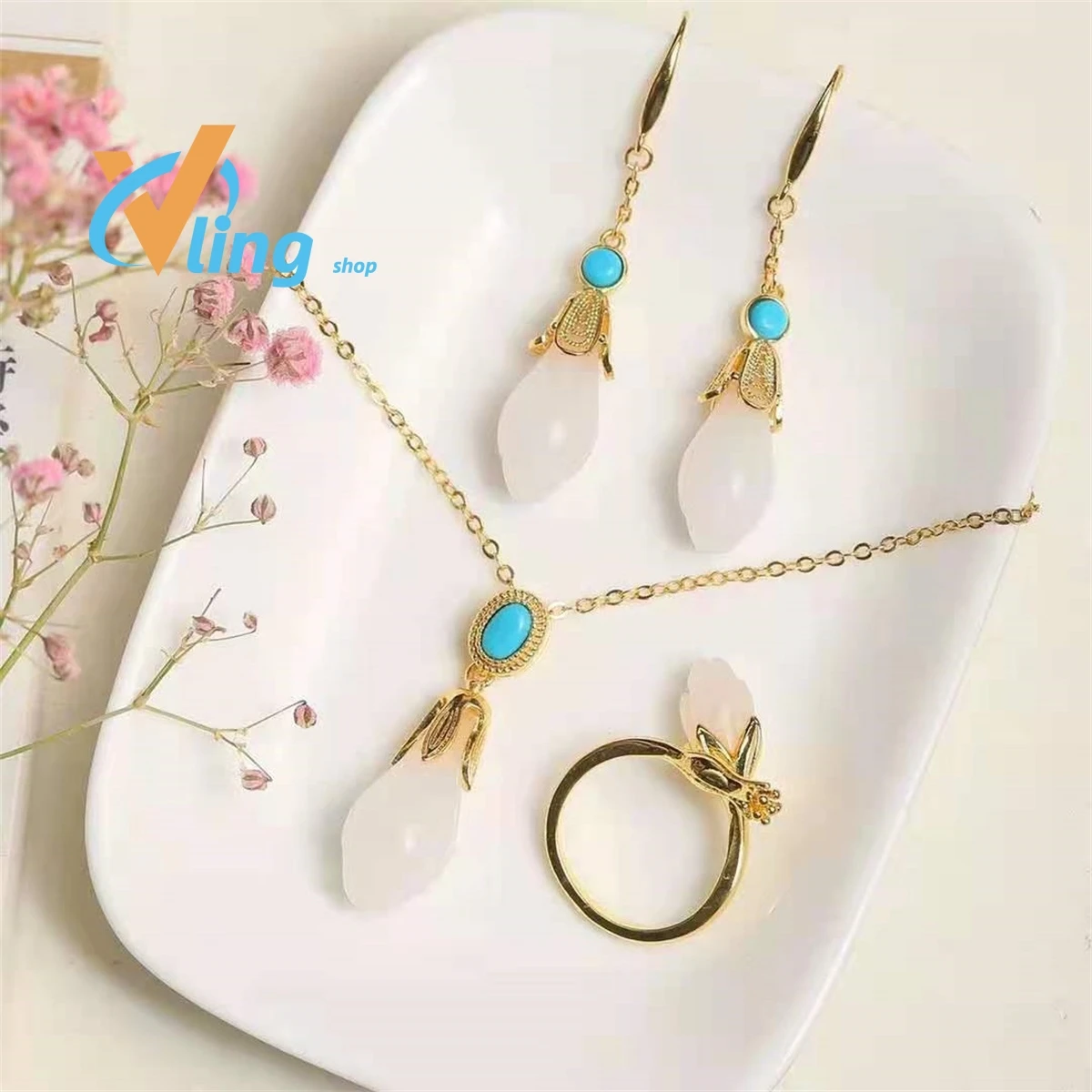 Wholesale Inlaid Gold Wire Jade Orchid Set Of Rings Necklace Earrings Charm RetroThree Piece Set Of Antique JewelryFashion Gift