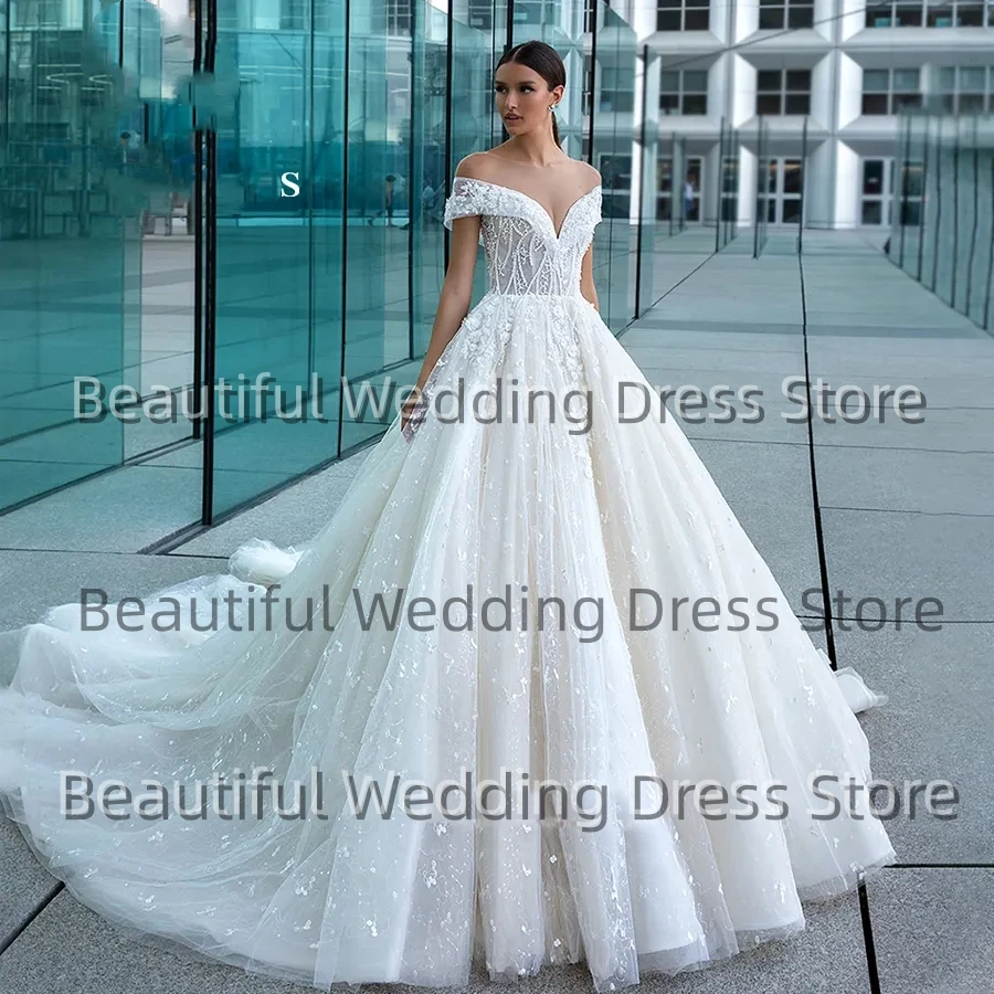 

Hao Hao Luxury Wedding Dresses For Women Polka Dot Beaded 3D Flowers Shimmering Beadied Wedding Gown Vestidos De Novia Beautiful