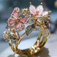 Flower Butterfly Adjustable Rhinestone Ring for Women
