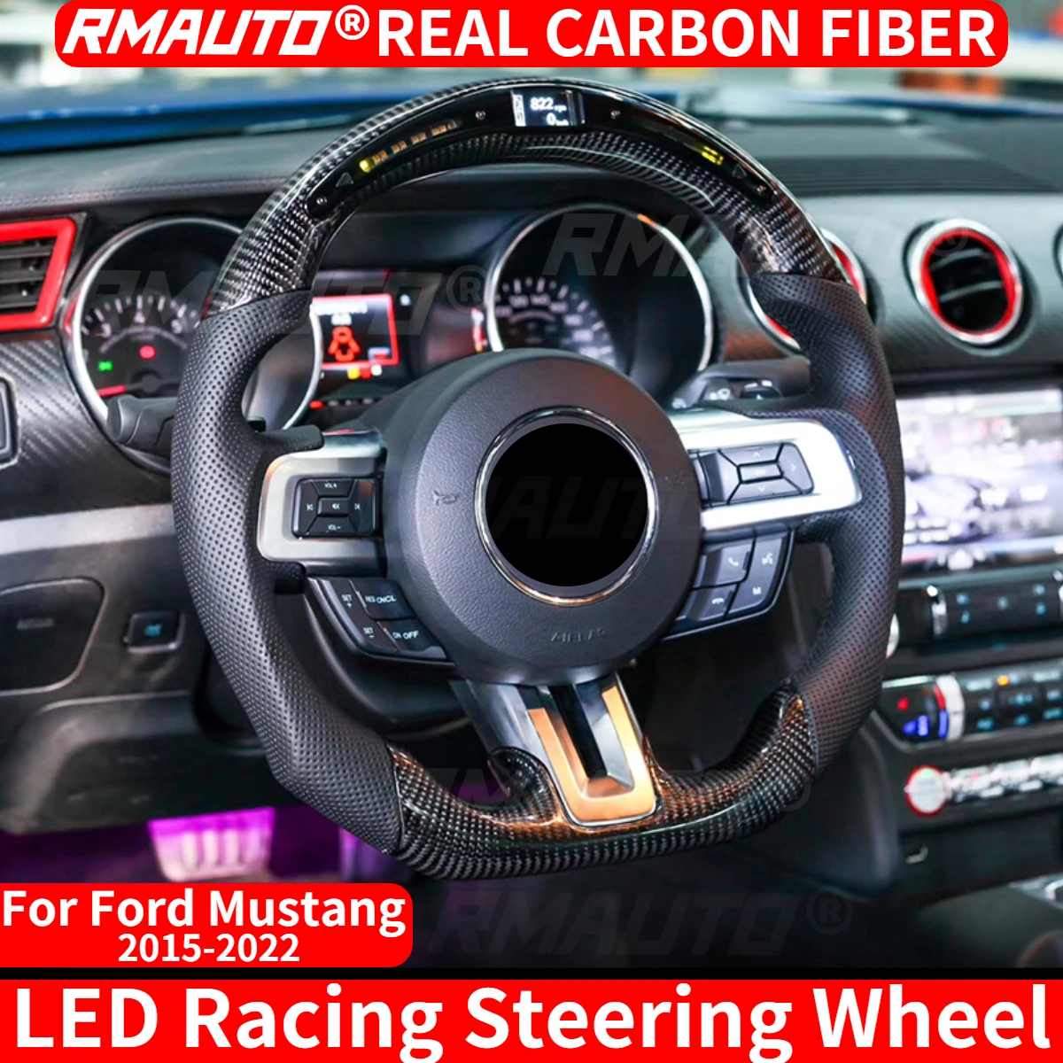 RMAUTO Real Carbon Fiber Steering Wheel LED Shift Lights RPM Speed Display Racing Steering Wheel