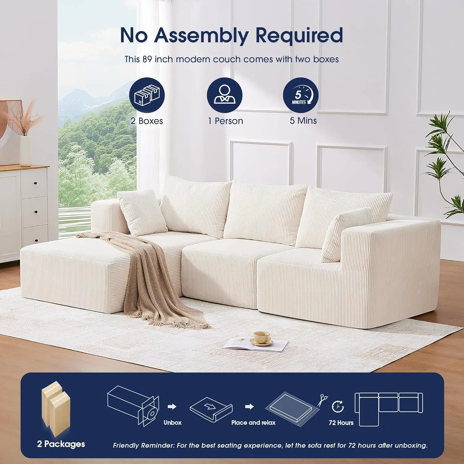 107'' Modular Sectional Sofa, L Shaped Cloud Couch for Living Room, Modern Boneless Sofa with Chaise for Bedroom, Beige