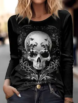 Skull Women's Long Sleeve T-shirt for Women Clothing Casual Holiday Top Fashion Unisex Sportswear Harajuku Halloween Clothing 1