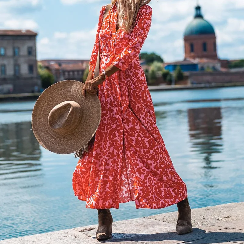 

Lady Casual Single Breasted Lace-up Party Dress Early Autumn Long Sleeve Bohe Graphic Dresses Women Fashion Loose Long Dress