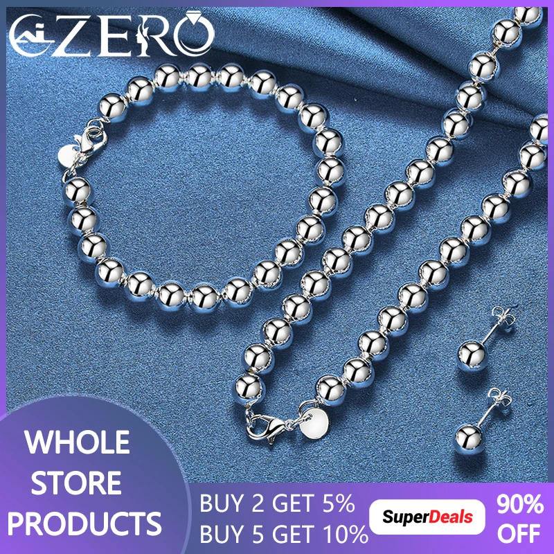 

ALIZERO 925 Sterling Silver Smooth 8MM Beads Necklace Bracelet Earrings Set For Woman Fashion Wedding Engagement Party Jewelry