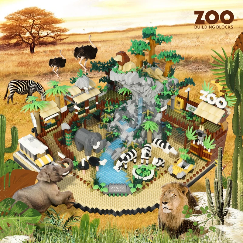 

4800PCS Desert Zoological Gardens Building Blocks City Street View Lion Elephant Zebra Model Micro Mini Brick Toys Gift For Kid