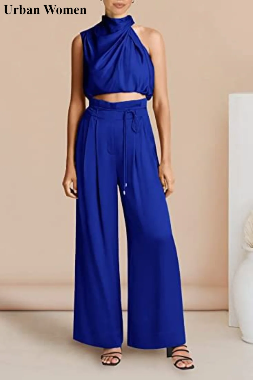 Summer Fashion Satin Two Piece Set Women Casual Solid Halter Top Wide Leg Pants Two Piece Set Women