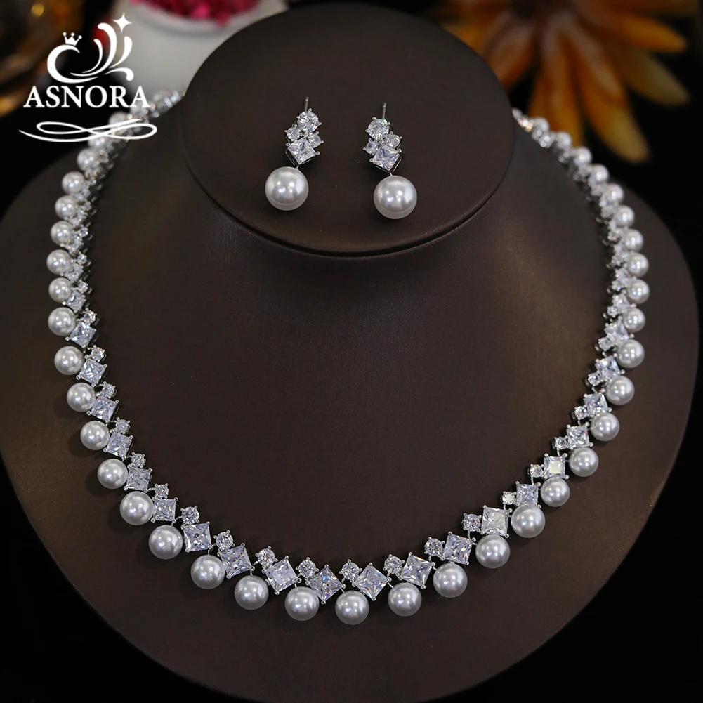 2280857-3f33af.jpg S613ac20815694b99ac443a4c2dbad248u Elegant White CZ Wedding Accessories for Women Brides Classic Round Pearl Necklace and Earrings Costume Jewelry Sets Mallzona