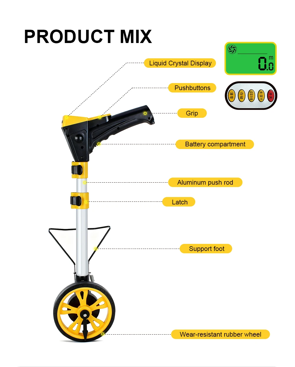Digital Display Measuring Wheel Rolling Distance Tool Outdoor Rolling Push Gauge