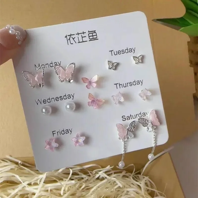 Flower Earrings Colorful Flower Butterfly Earrings Seven-piece Set for Women Fashion Personalized Daily Accessory Party Jewelry Birthday Gifts
