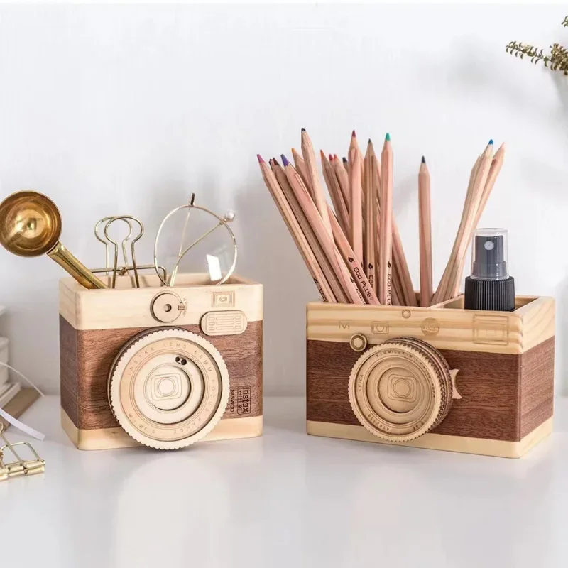 Pencil Holder Camera-shaped Wood for Office