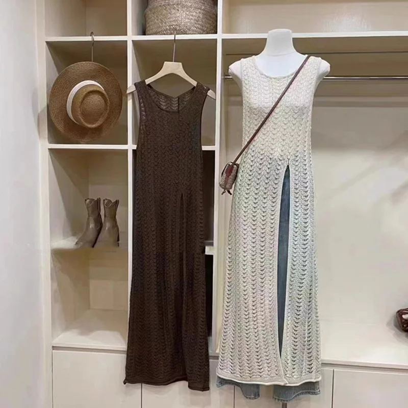 Vestido de punto de verano para mujer, color liso, con escote redondo, sin mangas, con abertura en el dobladillo, vestido de ganchillo, vestidos de fiesta de los años 2000