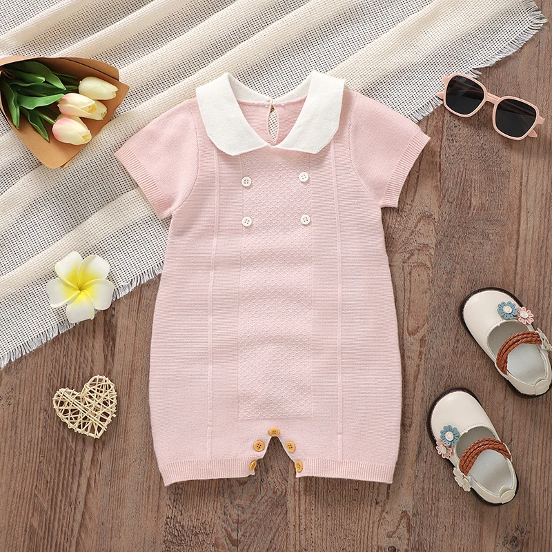 

Baby Romper Knitted Newborn Toddler Clothes Fashion Solid 0-18M Overalls Playsuit Infant Girls Pink Jumpsuit Short Sleeve Summer