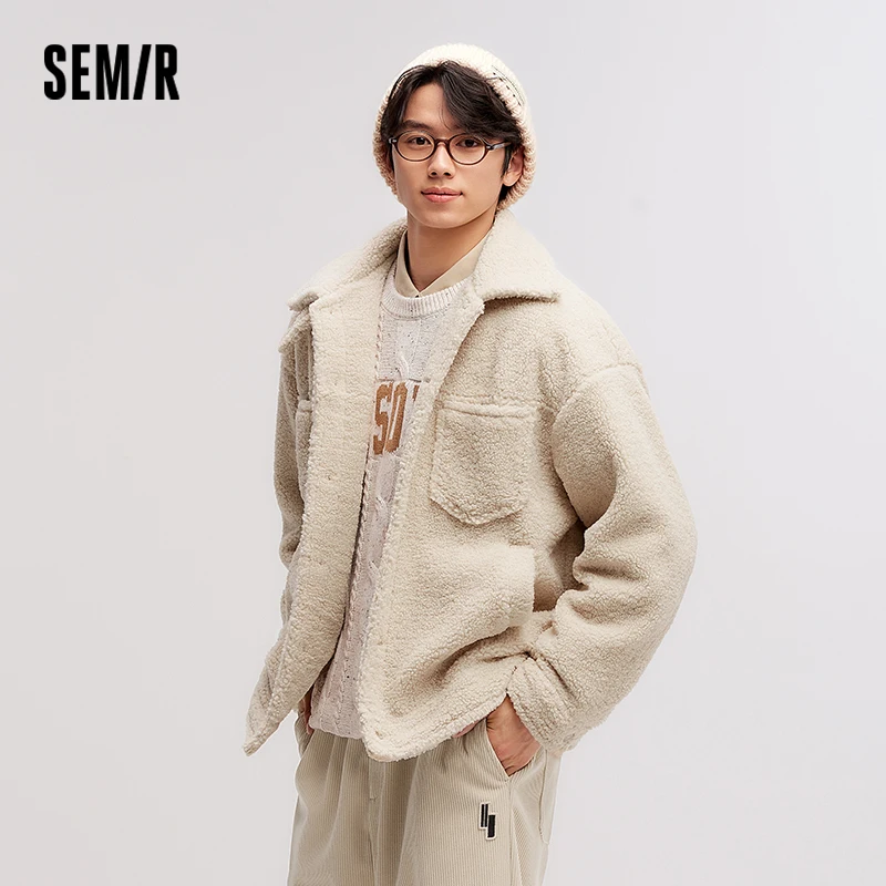 Semir Jacket Men Plush Outerwear 2024 New Couple Solid Color Versatile Loose Imitation Lamb Wool Winter Outfit Neutral Style 3
