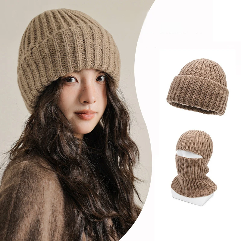 2 In 1 Mask Pullover Cap for Women Winter Warm Woolen Knit Headgear Bonnet Full Face Shield Balaclava Hat Hooded Beanies
