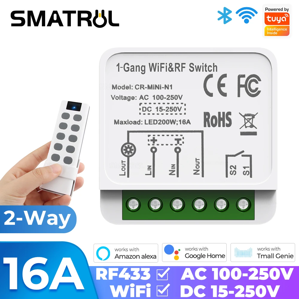 Tuya Wifi Rf433 16A Ac Dc Smart Wireless Switch Light Mini Modulo A 2 Vie On Off Timer Breaker Per Google Home Alexa