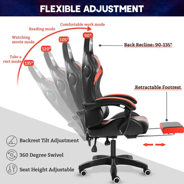 Office Chair Gamer Computer Chair Ergonomic Swivel 2 Point Massage Recliner Bluetooth Speaker 5