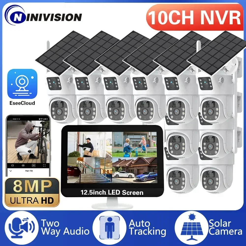 8Mp Dual Lens Solar Security 10Ch Wifi 12.5 "Monitor Nvr Wireless Ptz Security Camera System Auto Track Cctv Surveillance Set Hdd