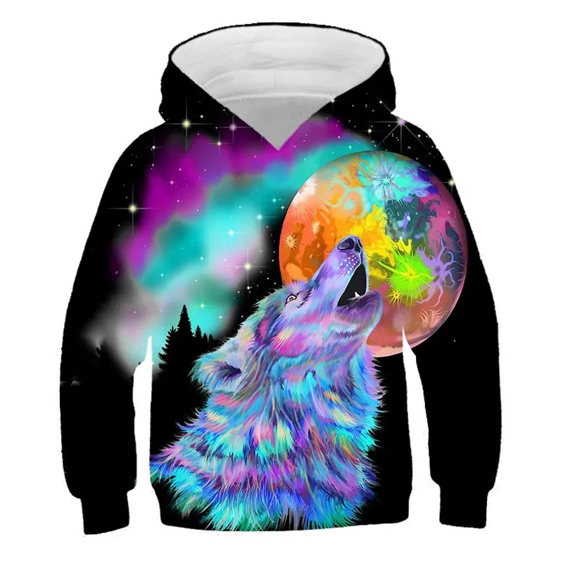 Animal Colorful Beauty Wolf Hoodies Oversized Children's Short Sleeve 3D Print Sweatshirt Boy Kid Boys Girls Tops Spring Clothes children's hoodie