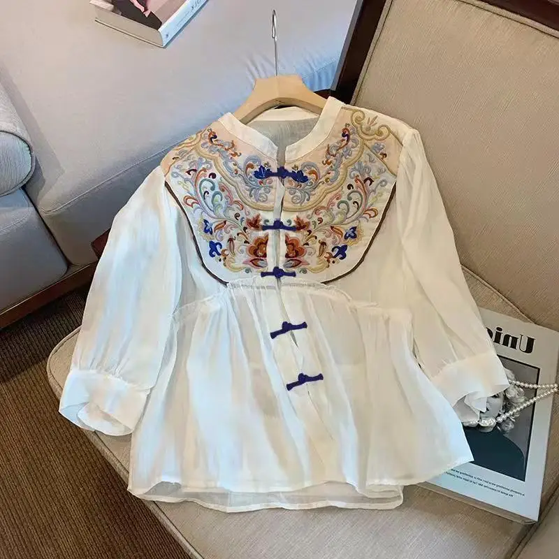 2023 New Arrival Vintage White Embroidered Shirt for Pregnant Women Casual Chinese Style Outerwear Cardigan Maternity Top LF080 4