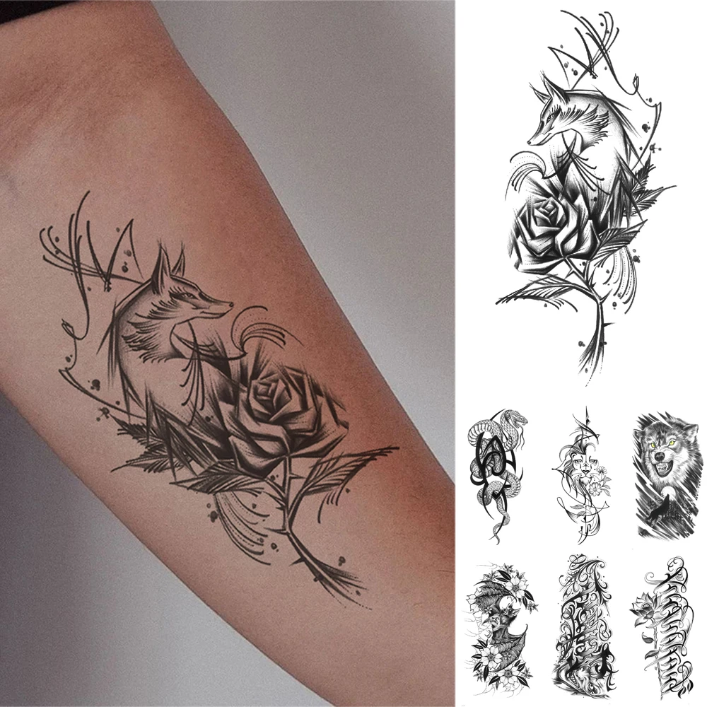 

Waterproof Temporary Tattoo Black Fox Rose Body Art Sticker for Kids Men Women