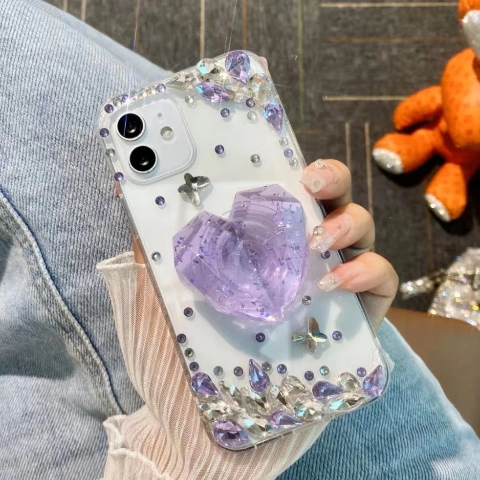 

3D Heart Bling Diamond Glitter crystal Phone Case For iphone 14 13 12 11 Pro Max X XS XR 7 8 Plus SE Mini Advanced purple Case