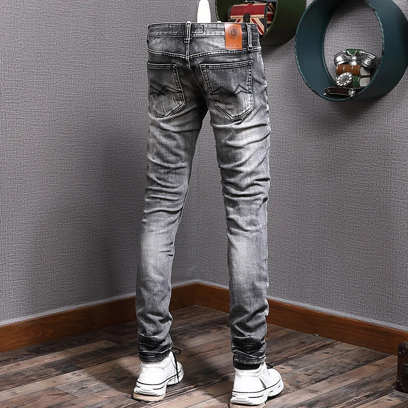 Fashion Designer Men Jeans High Quality Retro Black Gray Elastic Slim Fit Ripped Jeans Men Trendy Trousers Vintage Denim Pants