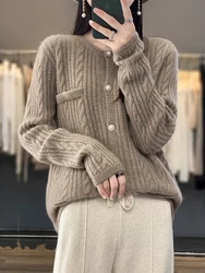 Women 100% Merino Wool Cardigan Sweater Spring Autumn O-neck Striped Cashmere Knitted Coat Korean Fashion Female Clothes Top