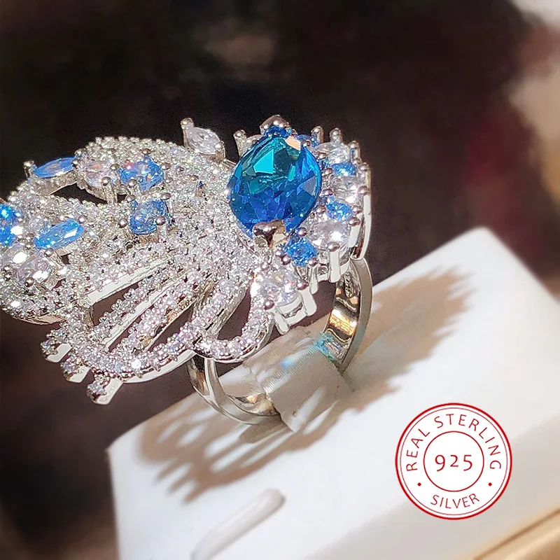 Fine Jewelry Creative Butterfly Blue Open Ring Super Fairy Full Diamond Silver Zircone Luxury 925 Silver Hot Selling Jewelry