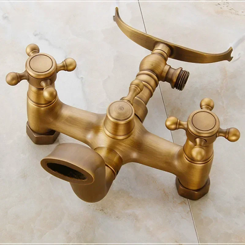 Bathroom Bathtub Faucets Floor Stand Telephone Shower Faucets Double Hands Brass Antique Bronze Bathroom Shower Faucet Set 5