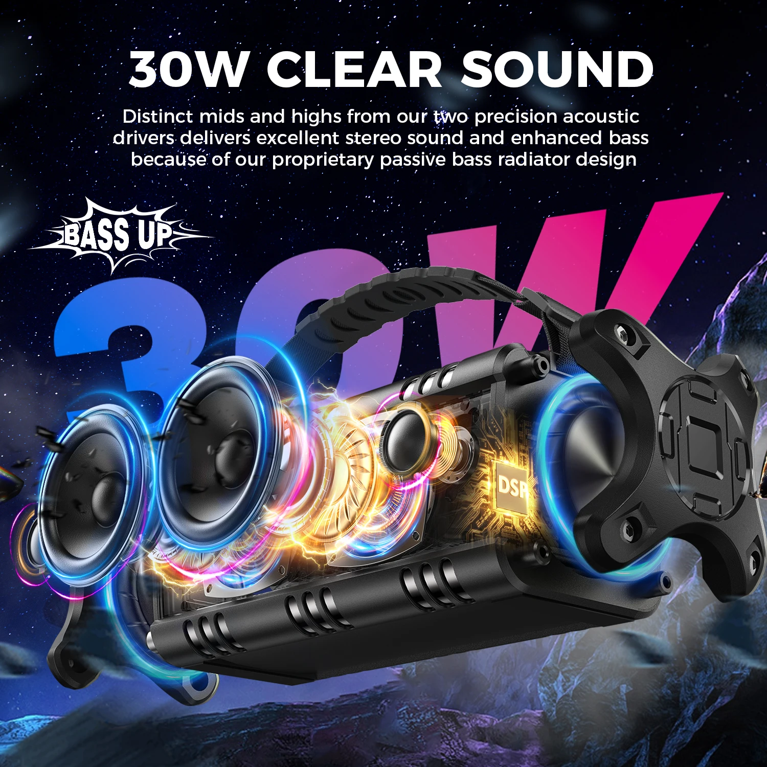 W-KING Tragbarer Bluetooth-Lautsprecher mit Stereo-Sound, Bluetooth 5, Bassup, IPX6 wasserdicht, kabellos, Lautsprecher für Zuhause, im Freien – Detail 1