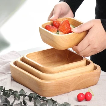 1 pz ciotola di legno quadrata giapponese di alta qualità creativa quercia frutta insalatiera Dessert snack ciotola accessori da cucina 1