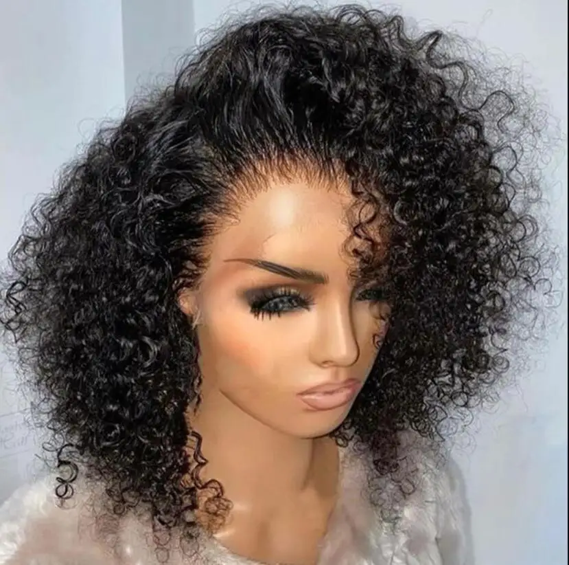 

Soft Preplucked Glueless Blunt Cut Short Bob Black Kinky Curly Deep Lace Front Wigs For Women With Babyhair Daily Heat Resistant