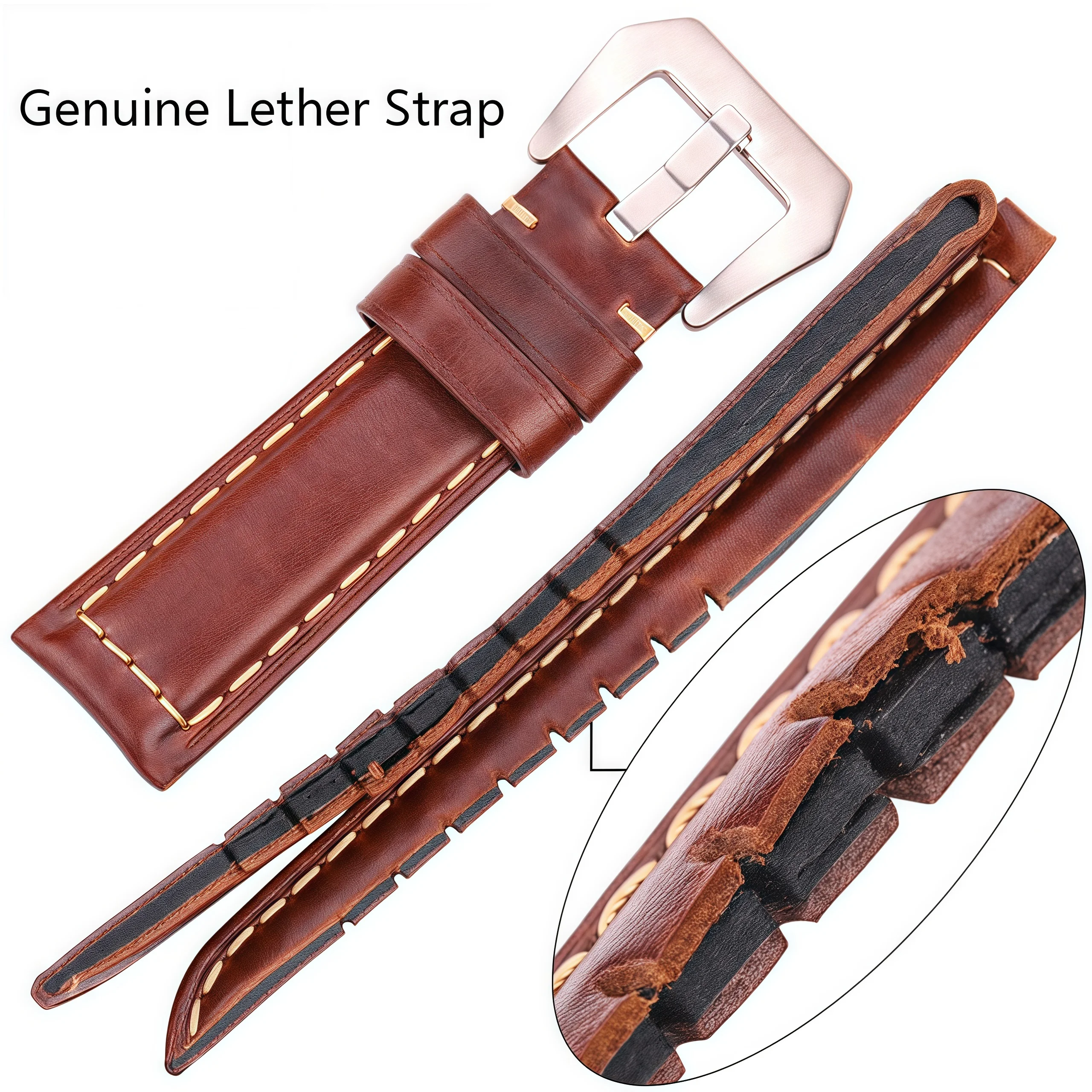 Elegant Dark Brown Genuine Leather Watch Band - Premium Cowhide Replacement Strap