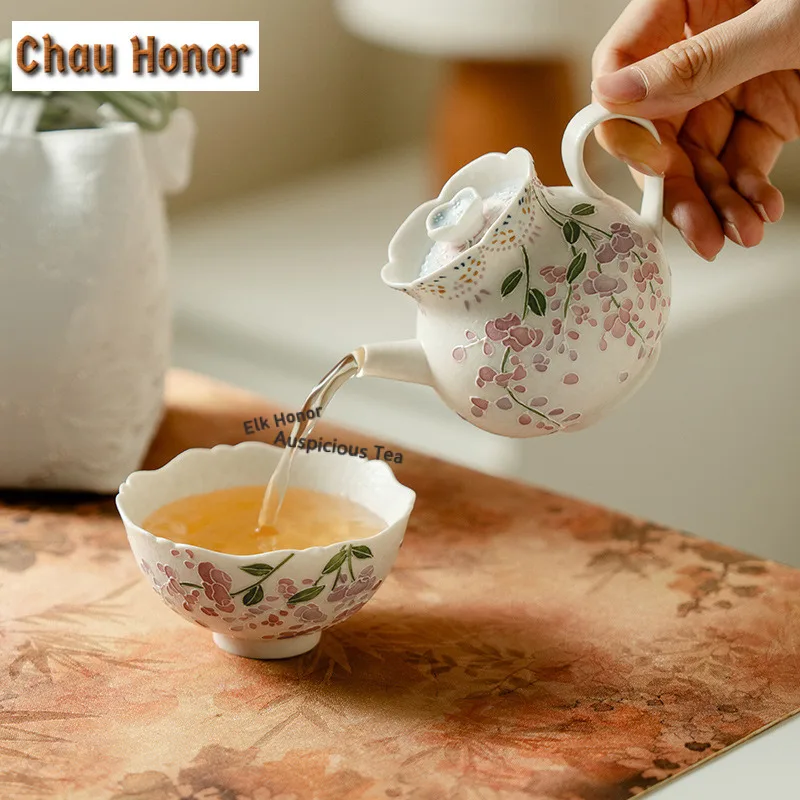 Hand-painted Wisteria Flowers Travel Tea Set Kit Luxury 1 Pot 1 Cups Tea Maker Organizer Portable Outdoor Handbag Craft Gift