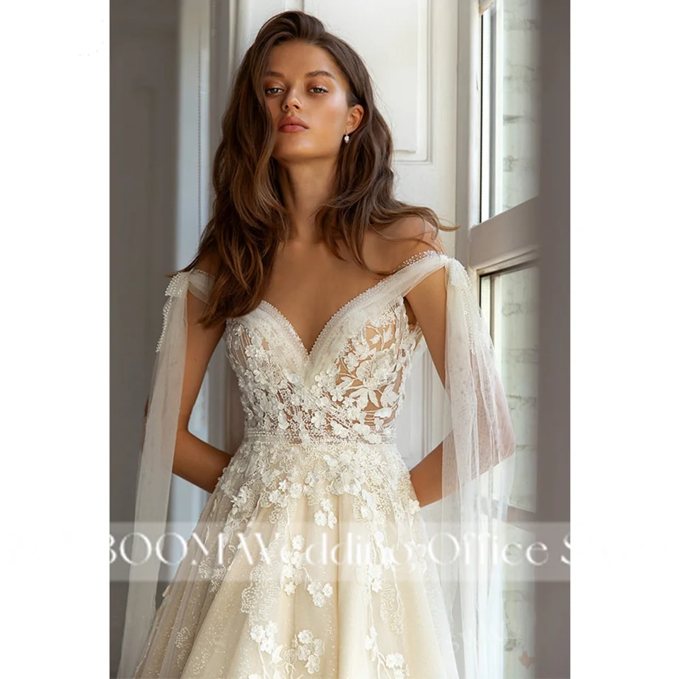 Elegante Champagnerfarbene Ärmellose A-Linien Brautkleider 2026 Prinzessin-Spitzenapplikationen Rückenfreie Brautkleider Vestidos De Novia – Detail 6