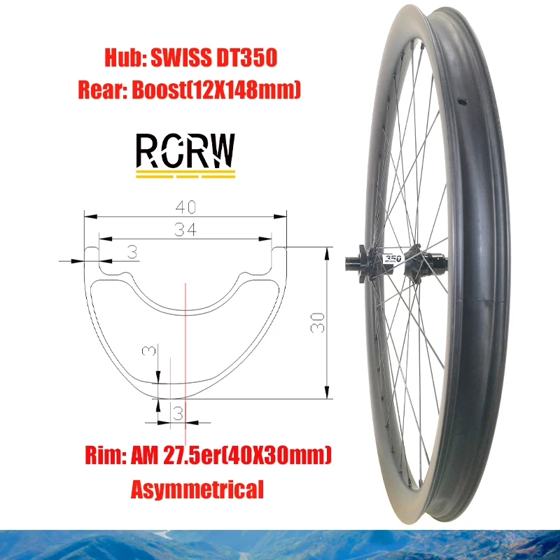 27.5Er/650B Mtb Am 40*30Mm Ruota Posteriore In Carbonio 28 Fori Cerchio Senza Nastro Largo 40 Profondo 30 Swiss Dt350 Boost 36T Shi Xd Xdr Ms Hub Wing