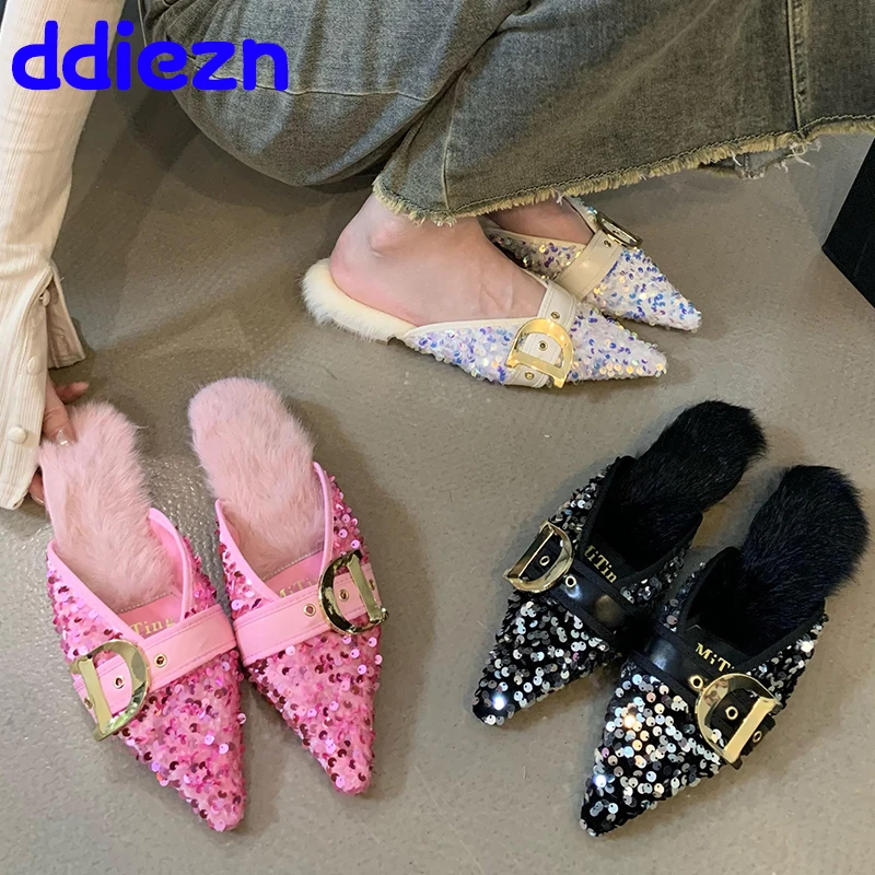 Fashion Bling Women Slides Luxury Female Slippers Shoes Footwear Fur  Rhinestones Pointed Toe Mules Ladies Slippers Flats Shoes - AliExpress