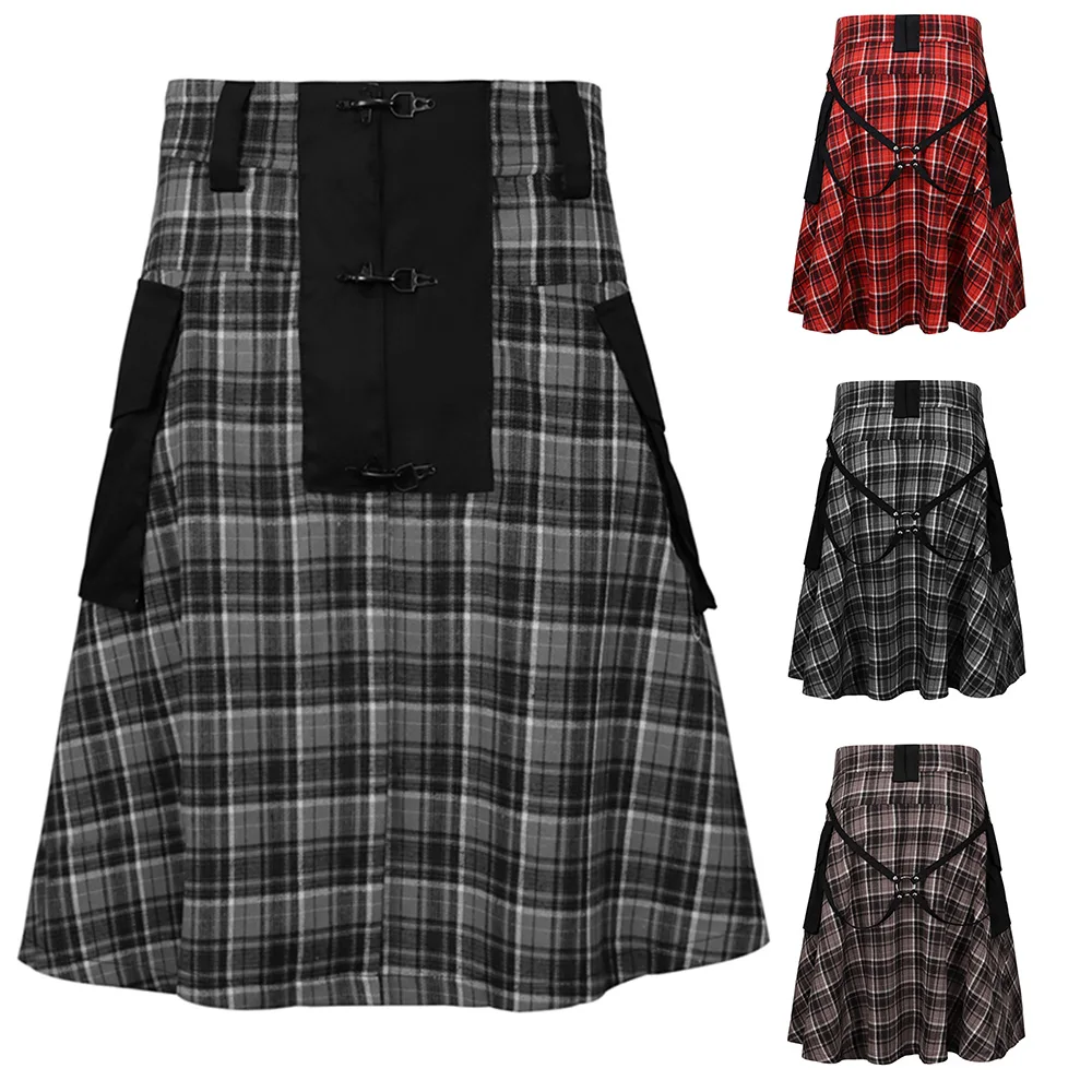 

Men Scottish Kilts Highland Casual Tartan Kilt Pocket Pleated Goth Outdoor Utility Kilts Skirt World Apparel