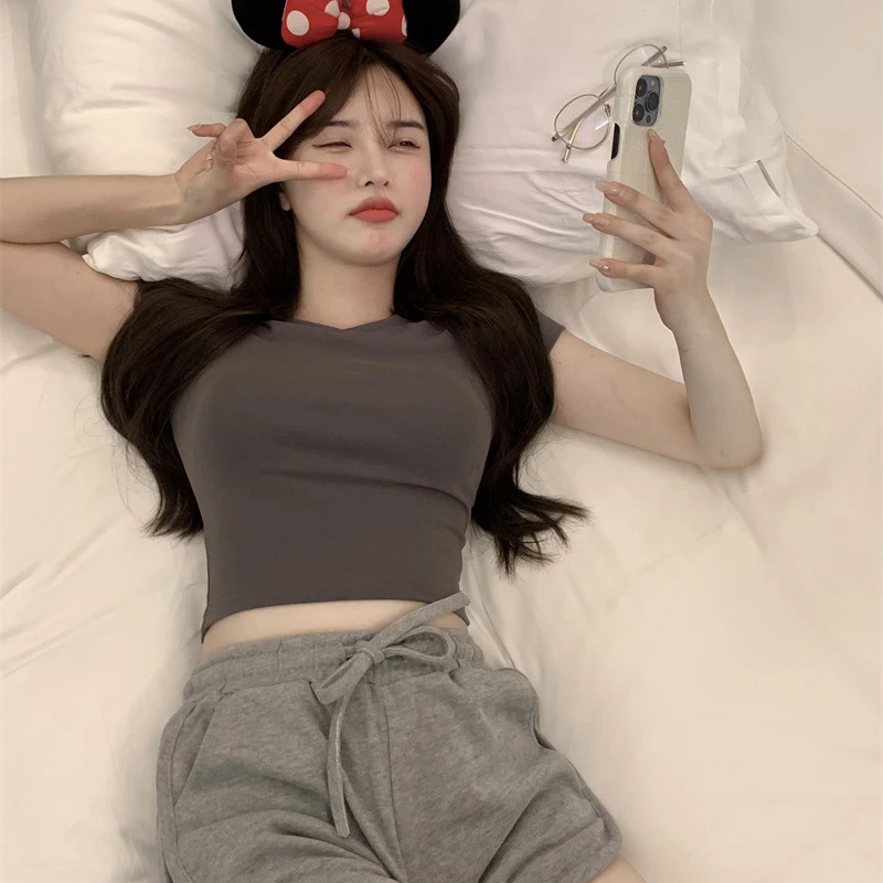 Szexi póló női nyári vékony póló női, egyszínű, rövid ujjú koreai Kpop vékony O-nyakú póló női ruhák Top943_voghion.com