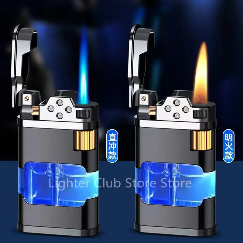 2022 New Open Flame Jet Lighter Large-capacity Visual Beam Creative Grinding Wheel Personality Blue Light Lighter. Men's Gift - Lighters -