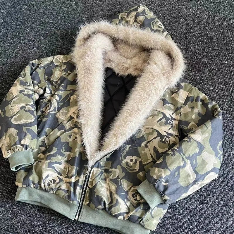 American New Fashion Camouflage Fur Collar Padded Jacket Men Y2K Vintage Hip-hop Pop Punk Baggy Hooded Couples Casual Coat 4